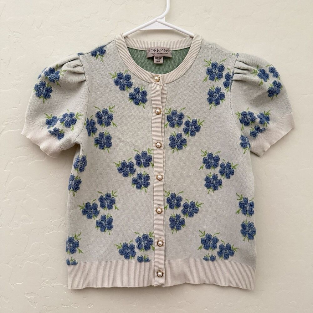 Forward Textured Floral Puff Sleeve Cardigan Pearl Button Sweater Women’s M